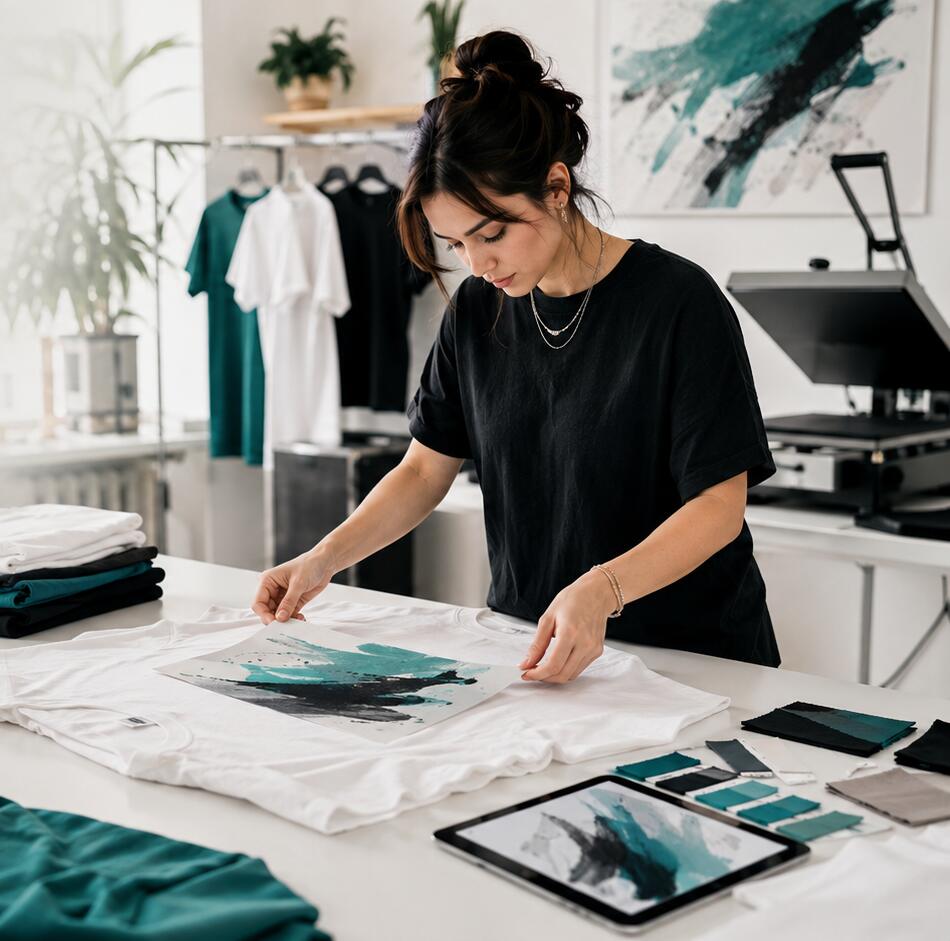 Custom printed T-shirt displayed in a creative design studio